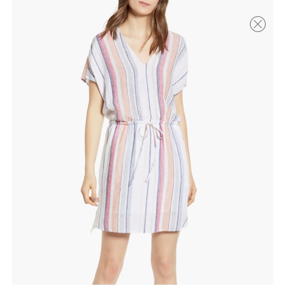 Rails White Multicolor Striped V-Neck Tie-Waist Dress